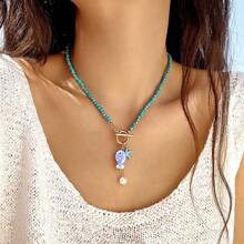 1pc Summer New Ceramic Fish & Starfish Tassel Pearl Bead Charm Layered Necklace