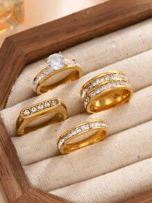 4 Stück Edelstahl Kristallring Set, zarte Mode Schmuckstücke geeignet für Männer und Frauen, für den täglichen Gebrauch, Feste, Dates, Verlobungen, Hochzeiten, Geschenke für Liebende, Familie