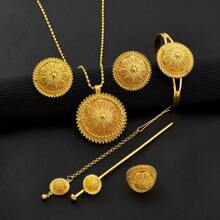 6 Peças/Conjunto Clássico Árabe Conjunto de Joias Cor Dourada: Colar Flor Pingente Anel Brincos Pulseira Headchain Tiara, Para Noiva Africana Casamento, Presente de Festa de Feriado