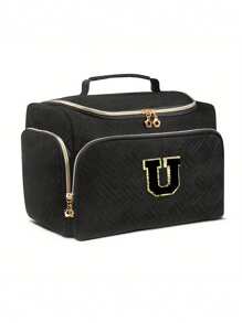 1pc Black Polyester Travel Toiletry Bag With Handle - Alphabet Pattern, Wet/Dry Separation, Machine Washable, Portable Makeup Organizer For Both Men & Women, Ideal Gift For Family & Friends, Daily Cosmetics Storage, Fashionable Makeup Case, Practical Design, Fabric, Must-Have For Frequent Travelers