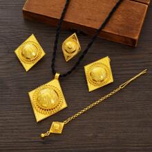 Set de 4 a 6 piezas de joyería de lujo con colores dorados y formas de rombos y cruces de estilo africano y árabe, que incluye aretes, anillos, collar, pulsera, tocado y pasador para el cabello, perfecto como regalo para fiestas, bodas o compromisos de Oriente Medio