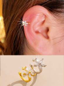 1 peça de presilha de orelha de flor de zircônia cúbica de cobre e pentagrama, design sem piercing, adequado para uso e presente feminino