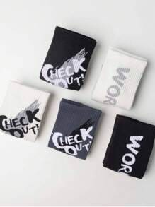 5 Pairs Men's Mixed Color Original Letter Black & White Crew Socks, Suitable For Daily Wear, Great Gift For Family And Friends
