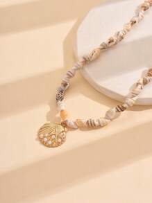 1 pieza Collar de concha natural hecho a mano con cuentas, estilo bohemio, con colgante de concha y perla, diseño de estilo oceánico a la moda para mujeres, adecuado para viajes, fiestas y combinación diaria, el tamaño y el color de la concha natural son aleatorios