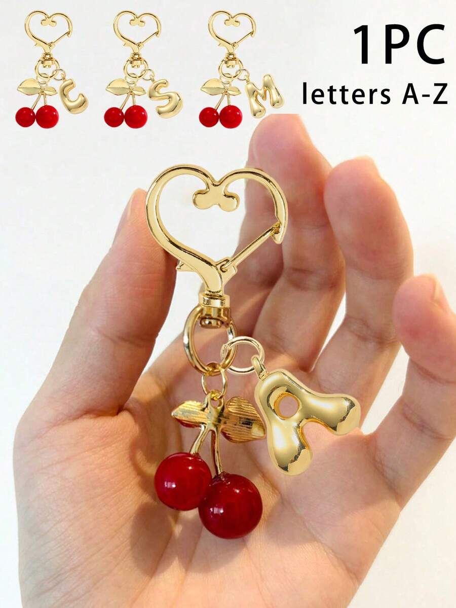 优雅泡泡字母可爱吊坠项链，包包挂饰，幸运水晶吊坠，字母A-Z，搭配金色叶子和樱桃装饰，时尚独特，春夏海滩装扮必备，闪亮合金包包/背包挂饰 - 生日和特殊场合的完美礼物