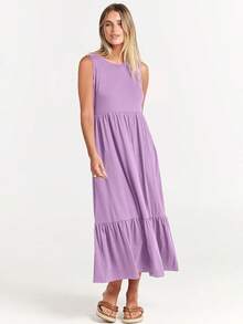 Women Summer Casual Sleeveless Crewneck Sundress Aline Flowy Tiered Maxi Long Beach Dress Vacation Outfits Halloween Christmas New Year