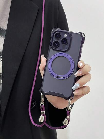 Luxury 360 Magnetic Bracket Kickstand Crossbody Lanyard Necklace Transparent Phone Case For Magnetic Wireless Charge Phone Case Compatible With IPhone 16 15 11 12 13 14 Pro Max Plus Anti-Lost Cover