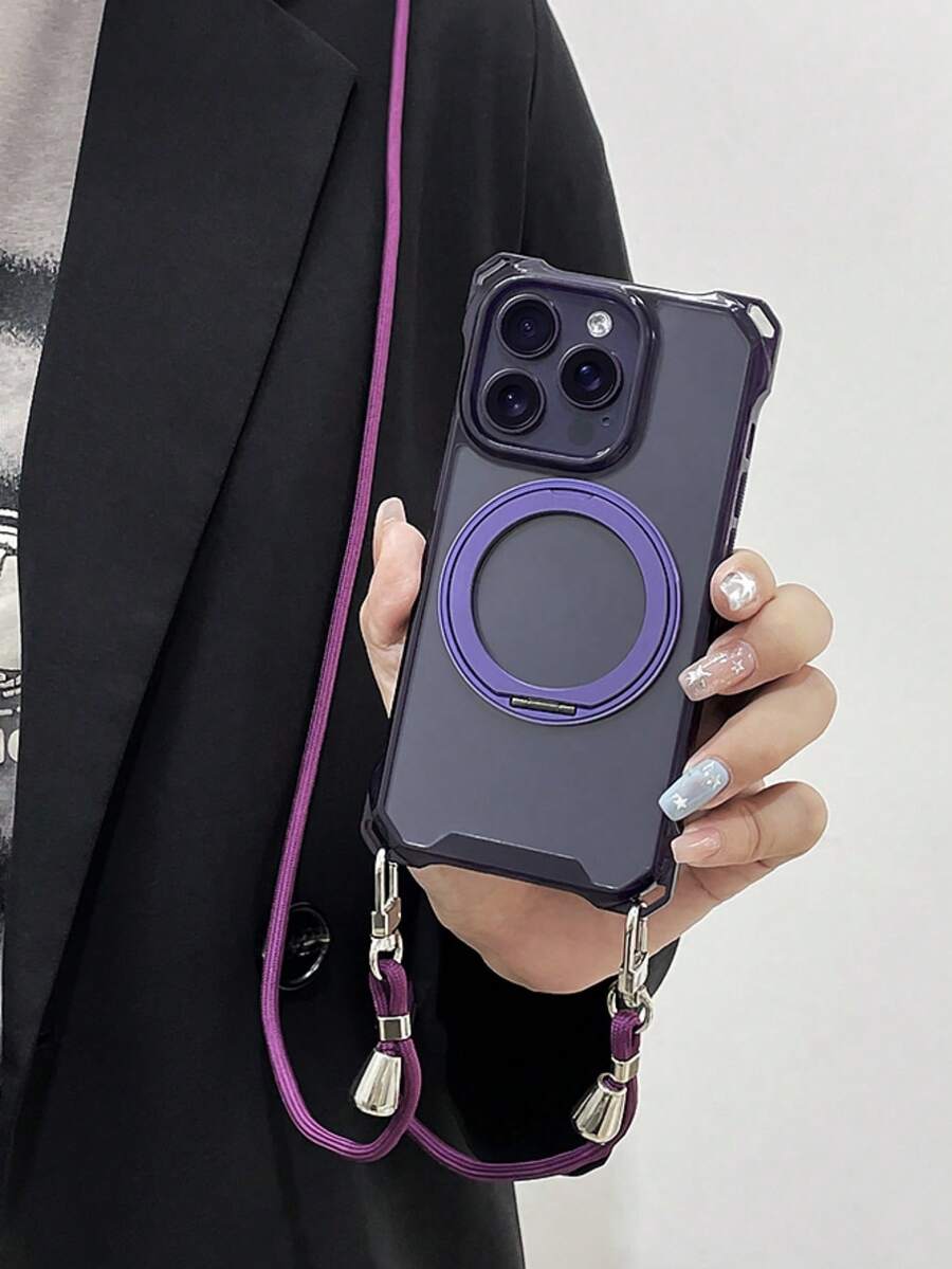 Ốp lưng điện thoại trong suốt có giá đỡ từ tính 360 độ sang trọng, có chân đế, dây đeo chéo, tương thích với iPhone 16 15 11 12 13 14 Pro Max Plus, chống thất lạc - Màu tím - Xem 1