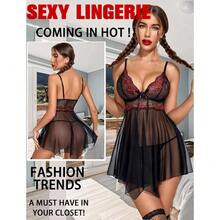 Women Lingerie Lace Babydoll Mesh Nightgown Chemise Boudoir Nighty Sleepwear - Black&Red - 查看 5