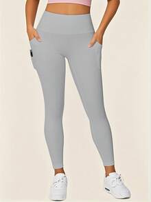 Lynfun High Waist Women Solid Color Yoga Pants With Dual Phone Pockets, Tight Fitting Seamless Leggings For Workout Exercises, Fitness Training Compression Tights Spring - Grey - View 4