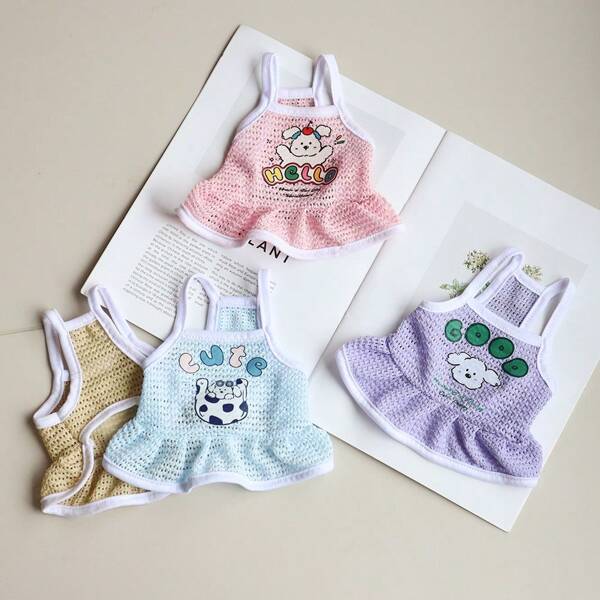 Pet Cooling Vest Dress, Summer Cat Dog Big Grid Breathable Chiffon Dress, Cute Cartoon Pet Clothing