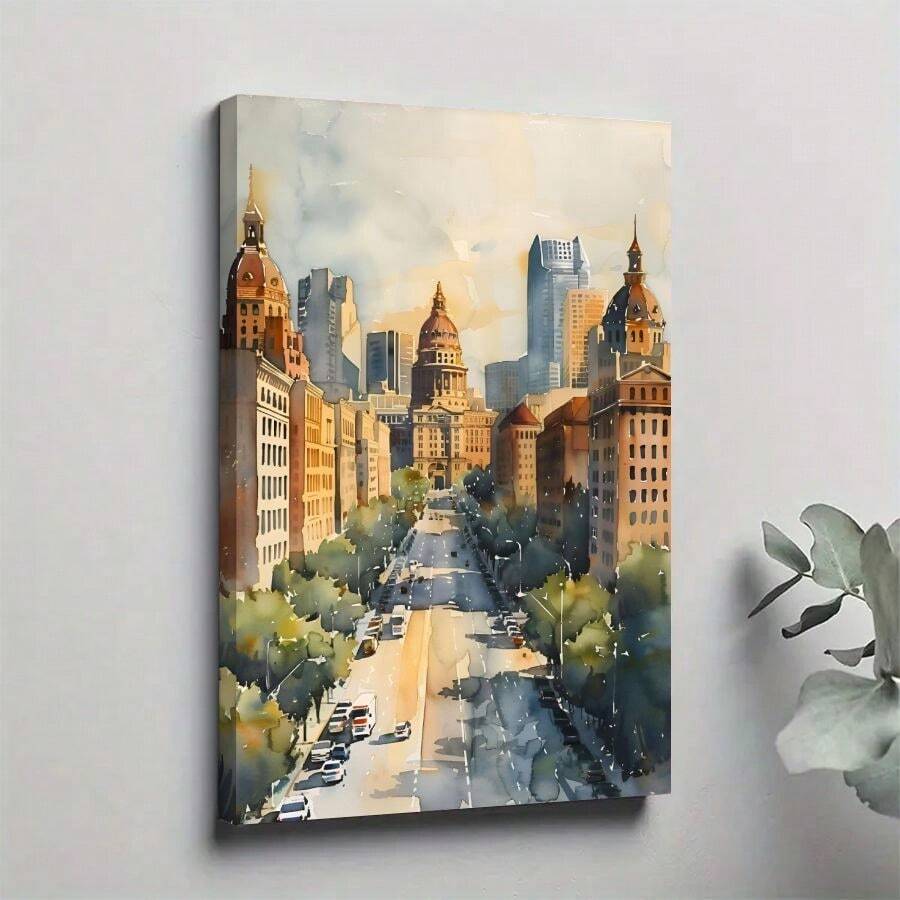 1pc Framed Canvas Poster, Cityscape, Classical Architecture, Watercolor Impression Style Wall Art Canvas Paintings, Ideal Gift For Bedroom Living Room Corridor, Wall Art, Wall Decor, Winter Decor, Room Decoration, 2D Flat Print, Not 3D - Multicolor - View 1