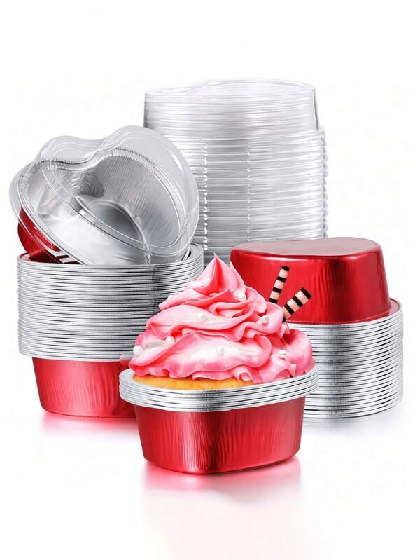 20 UNIDADES Tazas de pudín con forma de corazón hechas de papel de aluminio, tazas de aluminio libres de arrugas resistentes a altas temperaturas para mousse, moldes para hornear pasteles con tapas, moldes para pasteles con forma de corazón, tazones de aluminio, tazas de pudín, moldes para hornear pasteles en el hogar, moldes para pasteles con forma de corazón para el Día de San Valentín, moldes de papel para pasteles