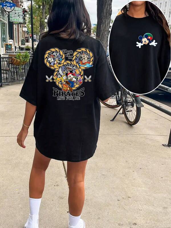 Disney Mickey Mouse, My Pirate Life Cartoon Print Short Sleeve Crew Neck T-Shirt Dress, Slightly Stretchy, Opaque, Easy Care Fabric, Suitable For Daily Wear, T-Shirt Dress - Fashionable Short Sleeve Dress