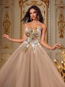VIPGIRL Elegant Champagne Strapless Floral Appliques Tulle Long Ball Gown, Dreamy Sweetheart Princess Prom Dress, Women Formal & Evening Dresses - Khaki - View 7