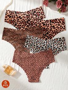 5pcs/Pack Women Seamless Low-Waist Sexy Leopard Print Bikini Panties, Comfortable & Suitable For Fitness Sports Underwear - Multicolor - View 3