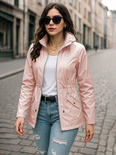 Chaqueta Rompevientos para Mujer con capucha desmontable, Ajuste Favorecedor, Estilo Casual y Urbano, Correas de Ajuste