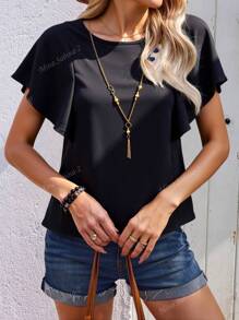 Blusa dama mujer manga corta olan collar incluido volante elegante fresca versatil ligera atemporal oficina moda verano casual