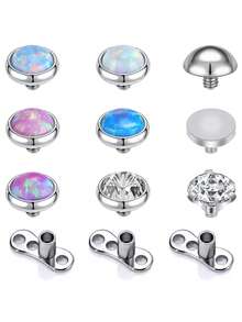 9pcs Opal 16G Genuine Dermal Anchor Top 3mm 4mm, 14G Medical Steel Internal Thread Base Micro Skin Piercing Jewelry For Men And Women - Silver - View 8