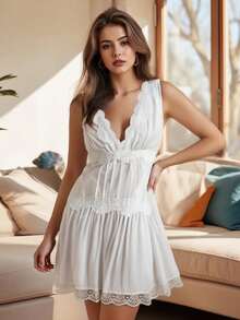 Womens Y2k Lace Patchwork Mini Dress Solid Color Lace Trim Deep V Neck A Line Short Dress Summer Backless Sleevelss Low Cut Drop Waist Short Tunic Dress Home Nightgown Sleep Dress - 白色 - 查看 3