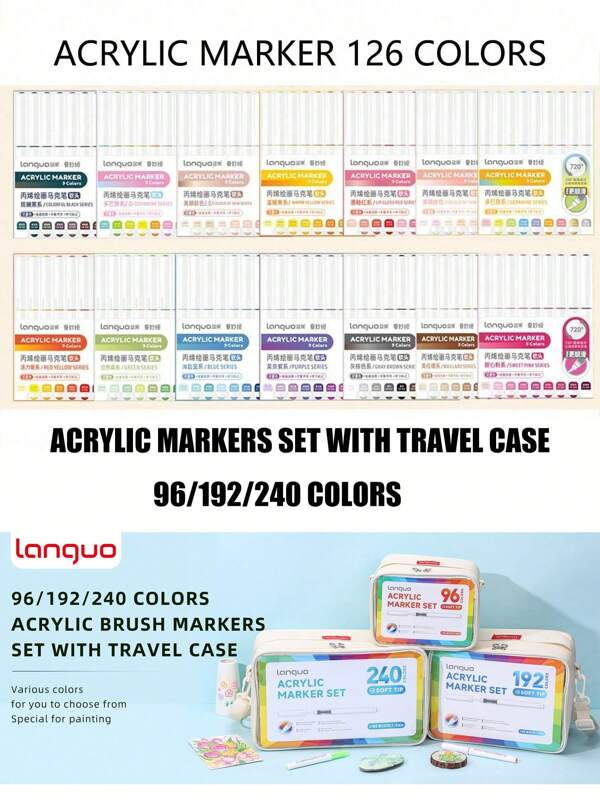 Ensemble de marqueurs acryliques liquides directs de couleurs 240/192/126/92 Languo, avec des têtes souples de grande capacité. Simples, aux couleurs macaron, gris, marron, colorés, noir. Stylos de remplissage pour livres de coloriage, peinture étudiante, personnages de bande dessinée. Stylos de couleur imperméables pour l'art sur papier, le DIY, le graffiti, la peinture sur pierres, verre, céramique, métal.
