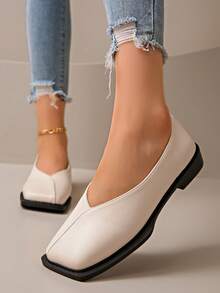 2025女款时尚珍珠漆皮复古方头玛丽珍平底鞋，百搭春秋乐福鞋，2025新款热销女士平底鞋 - 米色 - 查看 5