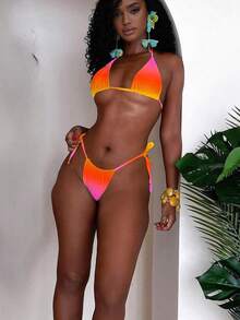 3件套女士性感沙滩比基尼套装，亮色渐变纯色挂脖比基尼泳装套装，搭配长款网纱裙，适合度假、复活节、节日、外出、约会之夜等场合，所有女士服装，秋季款 - 橘色 - 查看 3