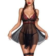 Women Lingerie Lace Babydoll Mesh Nightgown Chemise Boudoir Nighty Sleepwear - Black&Red - 查看 1