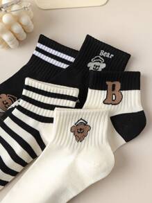 5 Pairs Black And White Women's Socks, Cute Cartoon Dog Bear Letter Jacquard Women's Ankle Short Socks, Casual Daily Wear