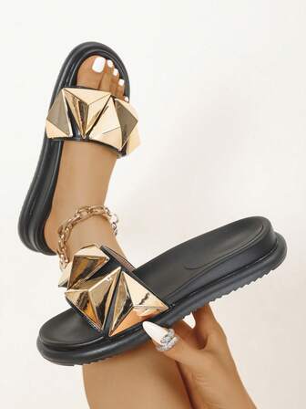 Women's Summer Sandals, Minimalist Fashion Vacation Style Strap Metal Triangle Buckle Decor, Fairy Style Wedge Platform Sandals, Suitable For Outdoor Walking, Beach