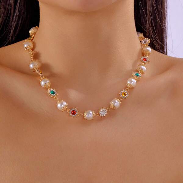 New Ins Style Pearl Flower Inlaid  Colored Gemstone Female Clavicle Chain Stacking Belt Matching Jewelry