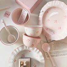 4 件套蝴蝶结设计陶瓷碗 - 包含 2 个碗和勺子，可用洗碗机清洗，适用于谷物、汤、沙拉、早餐、酸奶、甜点和冰淇淋 - 粉色，学校用品 - 彩色 - 查看 7