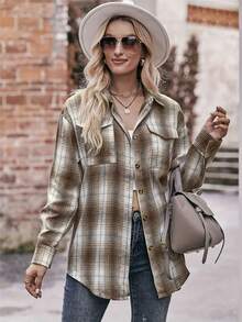 时尚复古格纹口袋装饰落肩衬衫，翻领宽松版型，涤纶混纺休闲衬衫，咖啡色，简约百搭，适合日常穿着，秋冬季，圣诞节 - 咖啡 - 查看 3