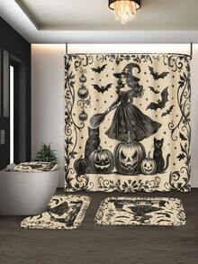 1/4 套装万圣节女巫和南瓜窗帘装饰，精美的乔迁礼物，现代家居装饰，防水浴室窗帘和地毯 3 件套，含 12 个浴帘挂钩，开学季适用 - 彩色 - 查看 2