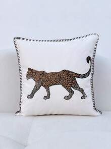 1 件简约白色背景豹纹印花边装饰枕套 - 米色 - 查看 2