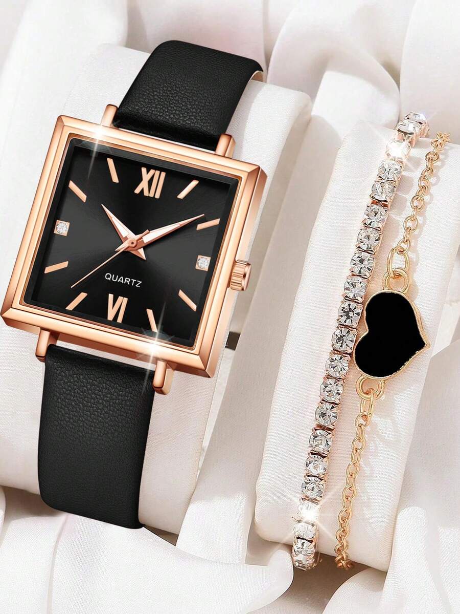 3 Pieces Of Women's Black Watch Straps, Fashionable And Casual Mixed Scale Square Case Quartz Watch Bracelet Jewelry Set, Suitable For Daily Wear Decoration Or Holiday Gifts