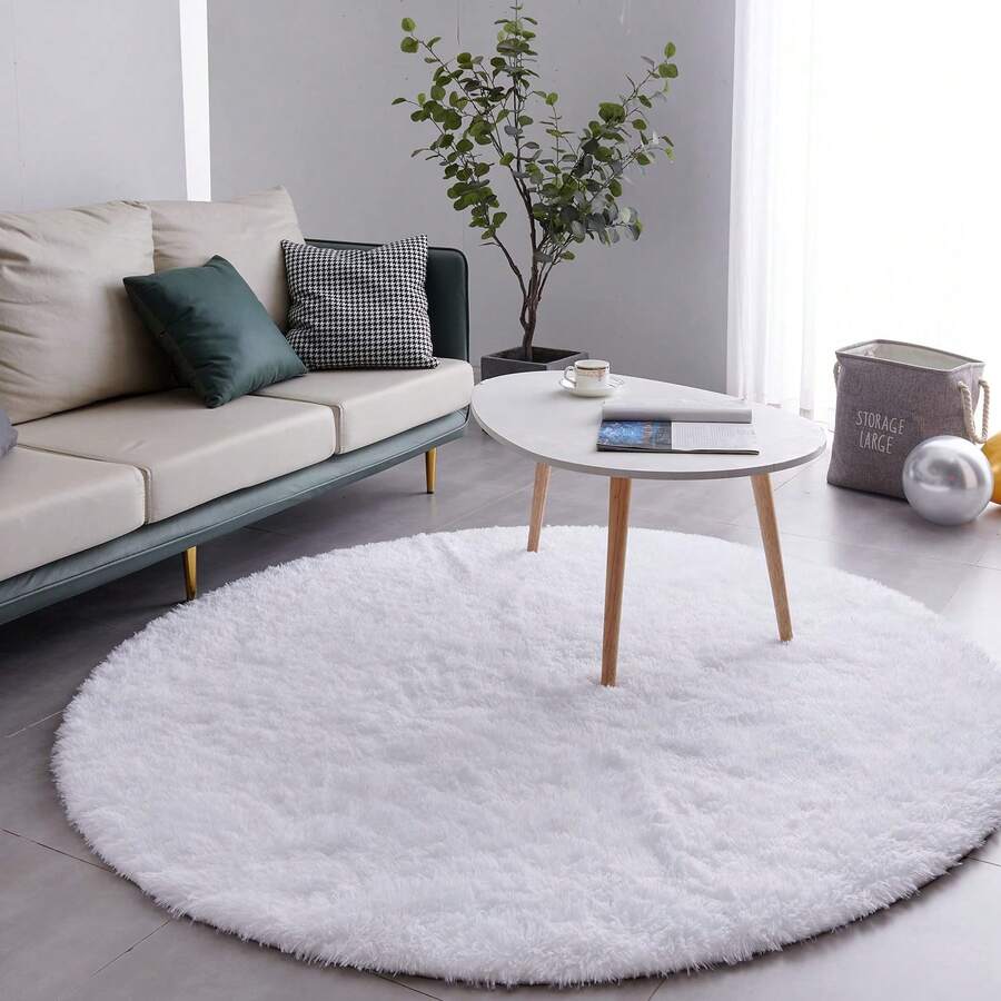 Sour Lemon Round Rug For Living Room, 4ft Round Rug Pink For Bedroom, Soft Round Carpet Cute Fluffy Rugs, Shaggy Living Room Rug, Anti Slip Area Rug For Bedroom & Living Room, Home Decor - White - View 1