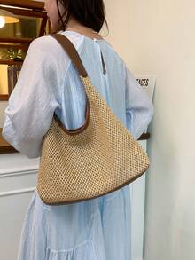 夏季草编单肩托特包，配迷你小袋 - 咖啡棕 - 查看 5