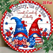 1 件 2D 平面美国爱国人物与花环旗帜设计 8 英寸圆形木牌装饰，带有“我的国家属于你”文字，红白蓝，适合庭院、花园、门廊的室外/室内装饰，乡村木质设计花园装饰 - 随机孔样式