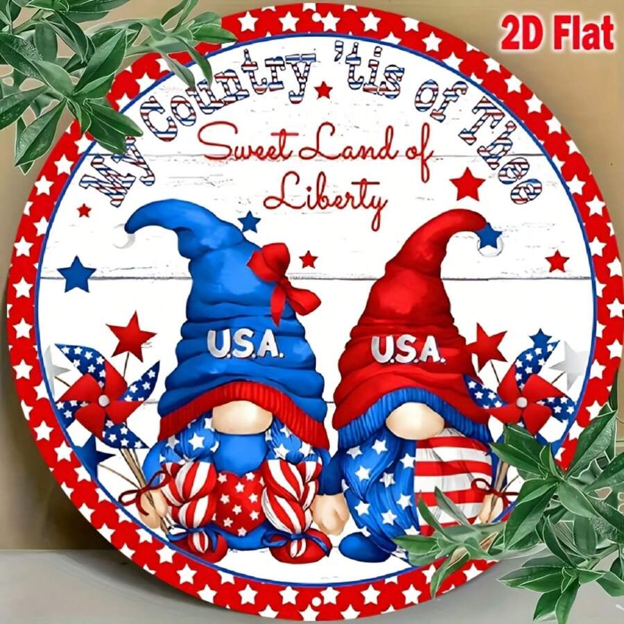 1 件 2D 平面美国爱国人物与花环旗帜设计 8 英寸圆形木牌装饰，带有“我的国家属于你”文字，红白蓝，适合庭院、花园、门廊的室外/室内装饰，乡村木质设计花园装饰 - 随机孔样式