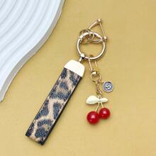 TTOBS 1pc Handmade Leopard Leather Car Key Chain With Cute Cherry Pendant - , Fashionable And Multifunctional Backpack Key Chain, The Perfect Accessory For Backpacks. The Perfect Gift For Valentine's Day, And An Excellent Gift For Your Beloved Girlfriend.