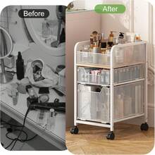 Rolling Makeup Cart Organizer With 2 Drawers, Narrow Floor Skincare Organizers, Vanity Organizer Cosmetics Display Cases Holder For Skin Care Nail Polish Perfume Makeup Brush, White - 白色 - 查看 9