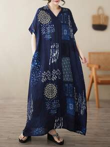 AZAH 2026年中国新年连衣裙，上衣，藏蓝色夏季连衣裙，优雅透气连衣裙，女士休闲度假沙滩连衣裙，夏季妈妈连衣裙V领套头波西米亚风连衣裙