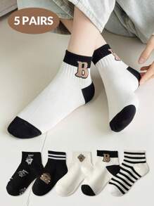 5 Pairs Black And White Women's Socks, Cute Cartoon Dog Bear Letter Jacquard Women's Ankle Short Socks, Casual Daily Wear