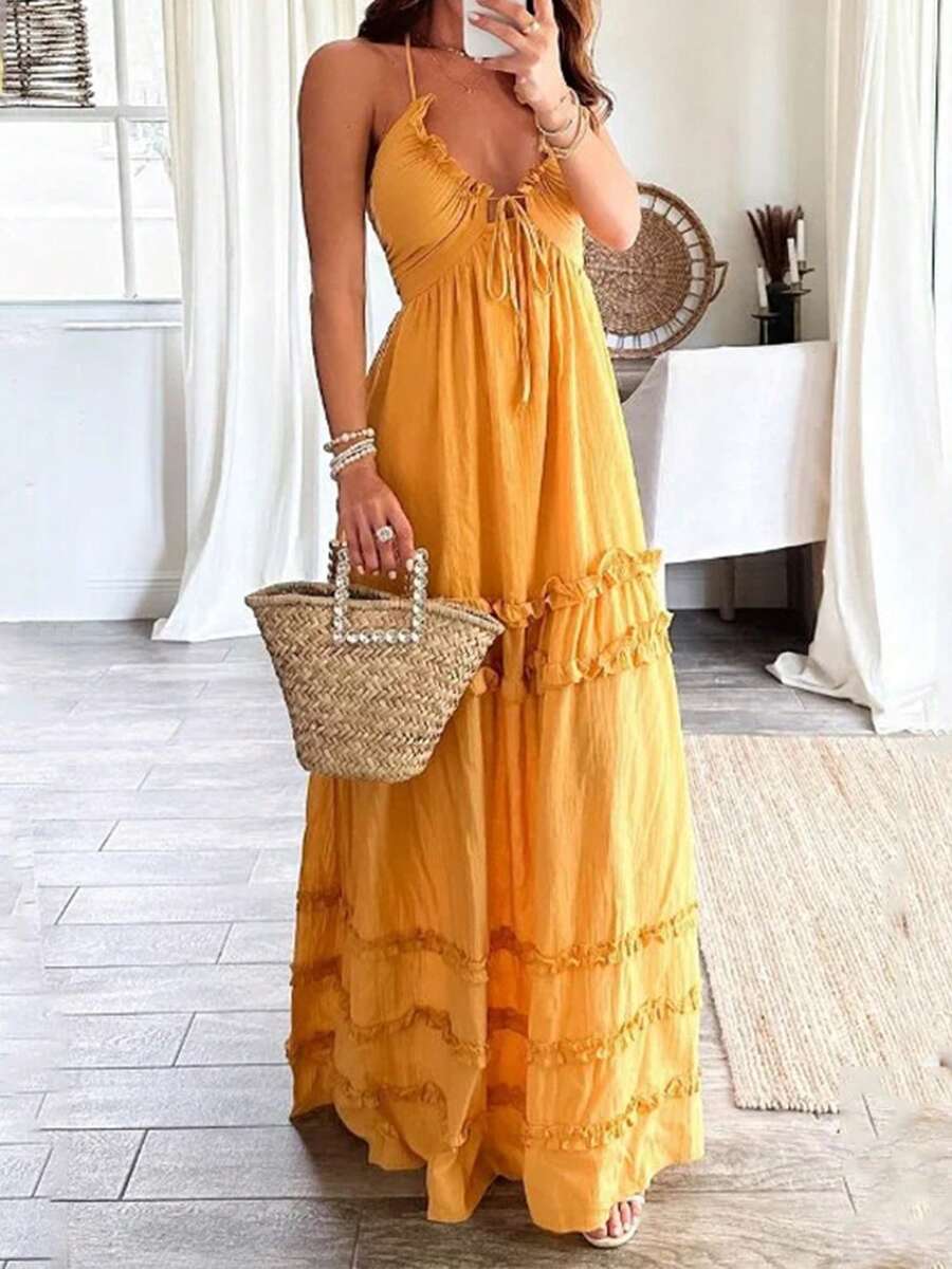 Women Halter Neck Boho Beach Long Dress Summer Sleeveless V Neck Back Tie-Up Ruffle Tiered Flowy Party Cocktail Maxi Dresses - 黃色 - 查看 1