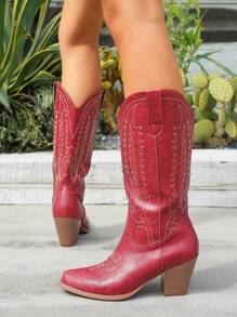 Women's V-Cut Pointed Toe Chunky Heel Embroidered Western Cowgirl Boots, Outdoor Fashion Slip-On Mid-Calf Boots, Spring/Autumn, Plus Size