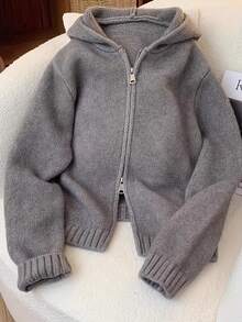 女式短款宽松拉链连帽针织开衫，秋冬 - 灰色 - 查看 4