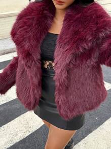 DEEKA秋冬新款加厚仿狐狸毛领连帽中长款人造皮草大衣年轻时尚 - 酒紅色 - 查看 1