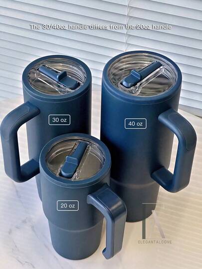 20/30/40oz Stainless Steel Insulated Tumbler, Navy Blue, With Handle And Foldable Straw, Double Wall Vacuum Sealed, Suitable For Hot & Cold Drinks, Minimalist Travel Mug