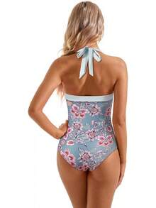 Women Sexy Tummy Control One Piece Swimsuit Halter Retro Bathing Suit - 68 Hoa đỏ cổ điển - Xem 3